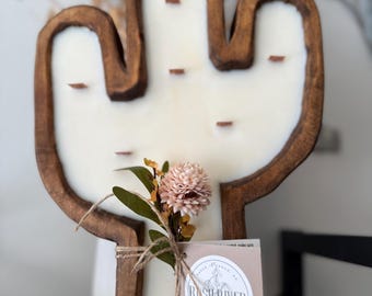 Cactus Rustic Wood Bowl Candle w/ Wood Wicks