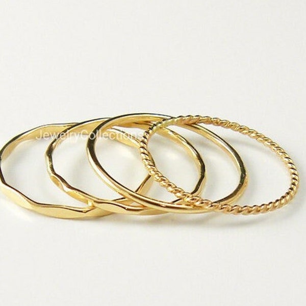 Thin Gold Filled Stacking Rings, Set of 4 Dainty Stack Rings - 2 Hammered Stack Rings, 1 Smooth Stack Ring, 1 Twist Stack Ring