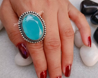 Aqua Chalcedony Ring, Aqua Chalci Sterling Silver Ring, Boho Statement Ring, March Birthstone Ring, Handmade Gift Ring Bohemian Ring for Her