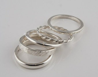 Set von 5 Sterling Silber Ringen, dünne & dicke Ringe, zierliche Perlen verdrehte Ringe, gepunktete Ring, Silber Stapelringe, Frauen Schmuck