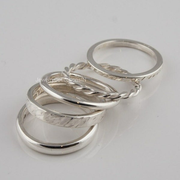 Conjunto de 5 anillos apilables de plata de ley, anillos finos y gruesos, anillos retorcidos con cuentas delicadas, anillo punteado, anillos de pila de plata, joyería para mujeres
