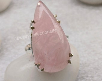 Bague en quartz rose naturel, bijoux faits à la main pour femmes, bague en argent sterling 925, bague Boho en argent, bague en quartz rose déclaration, cadeau pour elle