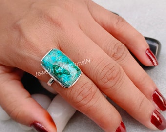 Natural Chrysocolla Malachite Ring, Statement Ring- Cushion Shape Ring in Sterling Silver- Crystal ring- Handmade Women Jewelry