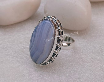 Anillo de ágata de encaje azul, anillo de plata de ley 925, anillo de piedra de nacimiento, anillo de diseñador de ágata, anillos para mujeres, anillo de todos los días, anillos de regalo de aniversario