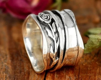Rose Flower Spinner Ring, 925 Sterling Silver Ring for Women, Floral Ring, Nature Meditation Wide Band, Anxiety Worry Fidget jewelry