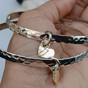 Heavy Sterling Silver Bangle Set: Gold Heart Charms, Chunky Bracelet