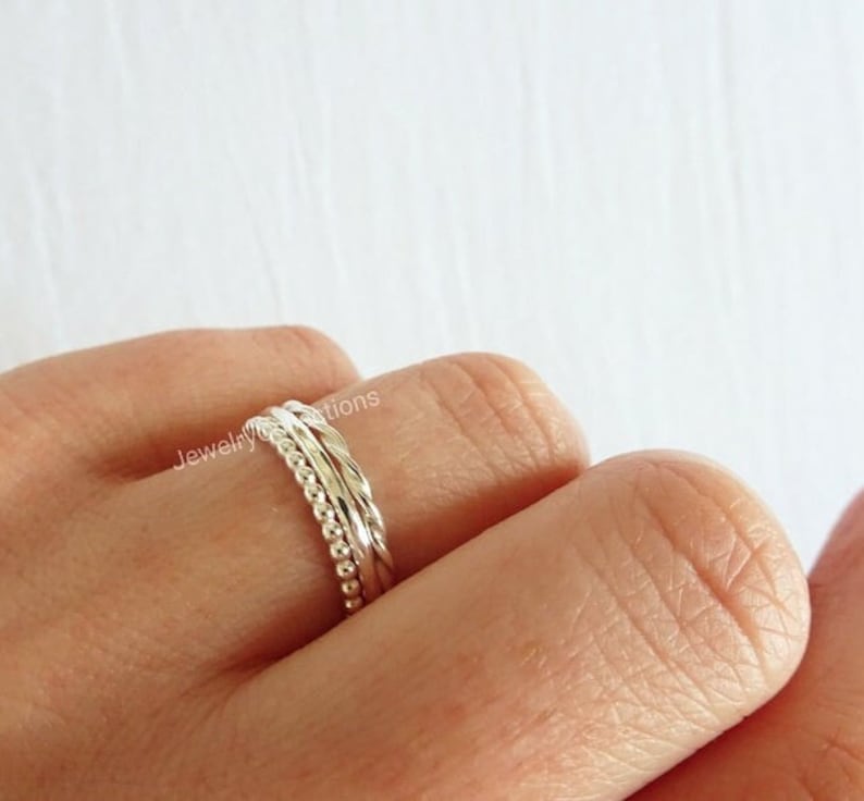 Sterling Silver Stacking Ring Set Set of 3 Stacking Rings Twist Ring Hammered Ring Beaded Ring Delicate Ring 925 Stacking Bands image 2