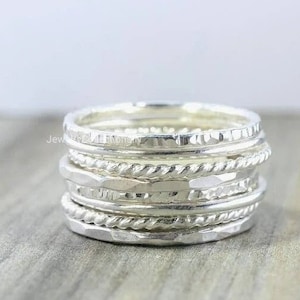 Sterling Silver Stacking Ring Set // Set of 8 Sterling Silver Stacking Rings // Simple Silver Hammered and Twist Bands