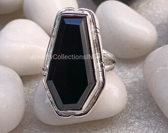 Bague En Argent 925 Faite Main Forme Cercueil Avec Onyx Noir - Pierre Marquise 9x16mm, Neuf
