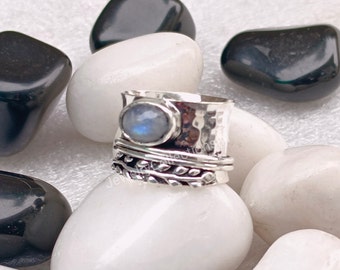 Rainbow Moonstone Hammered Spinner Ring ~ 925 Sterling Silver Genuine Rainbow Ring ~ Anxiety Fidget Band Birthstone Spinner Ring For Women