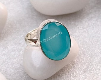 Aqua Chalcedony Rings, Boho Statement Ring, Aqua Calcy Sterling Silver Ring, Hand Crafted Bohemian Ring, Bohemian Ring, Oval Aqua Ring