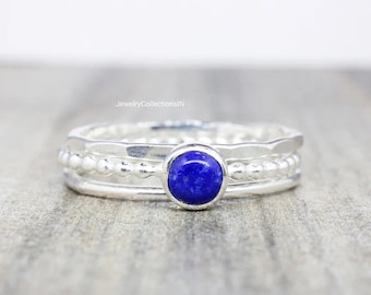 Silver Stacking Set Rings, Blue Lapis Lazuli Ring, Textured Ring ,Boho Ring Set, Stacking Rings, Boho, Beaded Rings, Silver Ring, Women Ring