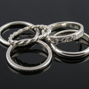 Set aus 5 Stapelringen aus Sterlingsilber, dünne und dicke Ringe, zierliche gedrehte Perlenringe, gepunkteter Ring, Silberstapelringe, Damenschmuck Bild 2