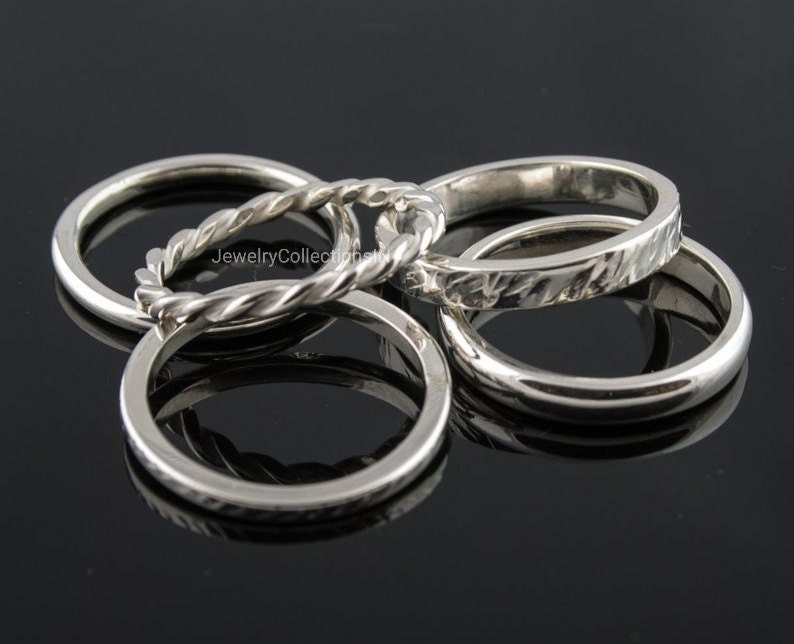 Set aus 5 Stapelringen aus Sterlingsilber, dünne und dicke Ringe, zierliche gedrehte Perlenringe, gepunkteter Ring, Silberstapelringe, Damenschmuck Bild 2