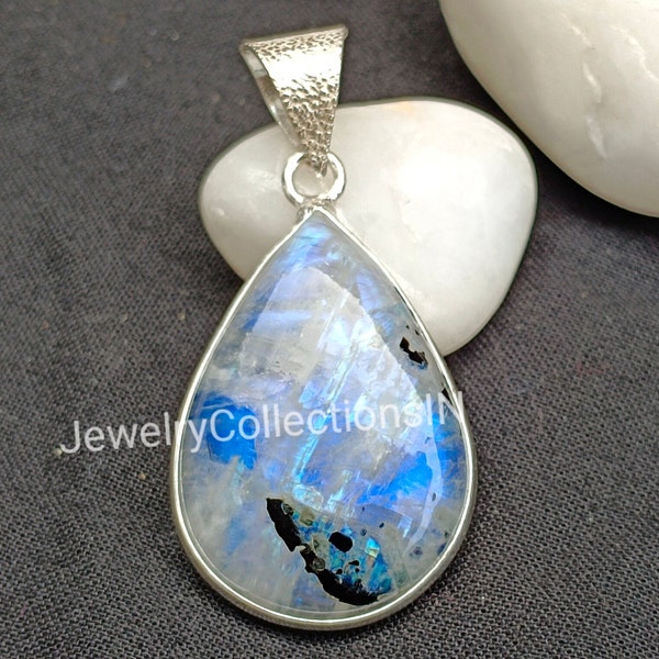 Rainbow Moonstone Pendant, Sterling Silver Pendant For Women, Black Tourmaline Moonstone Pendants, Statement Boho Silver Pendant