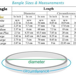 May include: A chart detailing bangle sizes and measurements. It includes sizes from Petite to xx-Large, with corresponding diameter and circumference measurements in inches, centimeters, and millimeters. A diagram illustrates diameter and circumference.