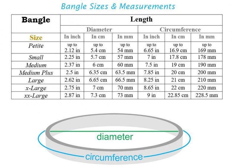 May include: A chart detailing bangle sizes and measurements. It includes sizes from Petite to xx-Large, with corresponding diameter and circumference measurements in inches, centimeters, and millimeters. A diagram illustrates diameter and circumference.