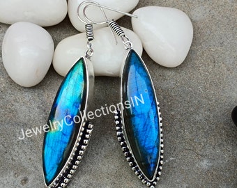 Handmade Marquise Labradorite Earrings: 925 Sterling Silver Dangle Earrings