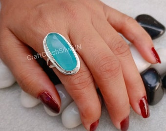 Aqua Chalcedony Ring, Aqua Chalci Sterling Silver Ring, Boho Statement Ring, March Birthstone Ring, Handmade Gift Ring Bohemian Ring for Her