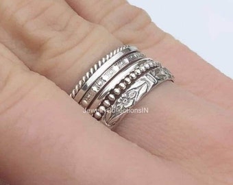 Sterling Silver Stacking Rings Set: Beaded, Twisted, Dotted