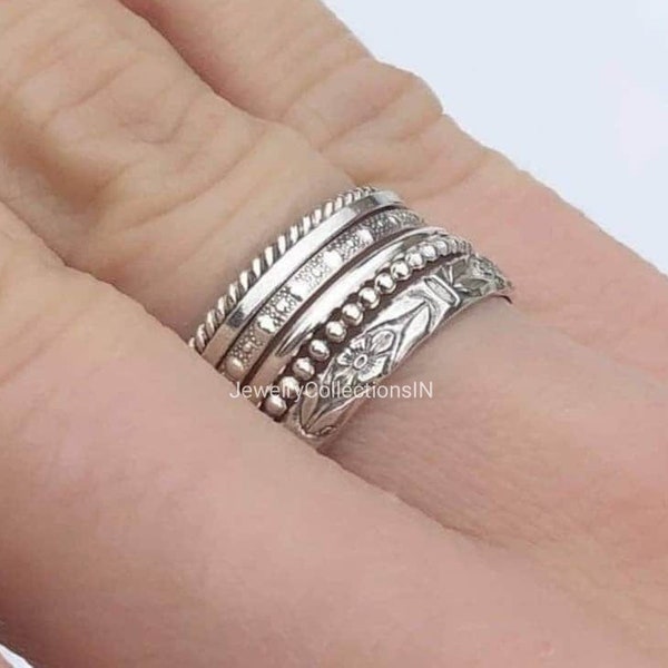 Lot de 6 bagues superposables en argent sterling, bagues fines et épaisses, assortiment de bagues, bagues torsadées en perles fines, bague pointillée, anneaux de pouce