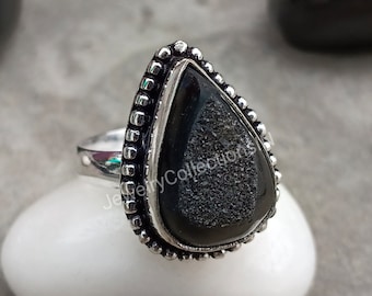 Bague Druzy noire avec fenêtre, bague faite main en argent massif pour femme, bague bohème, bague tendance, cadeau bijoux Druzy avec fenêtre pour elle