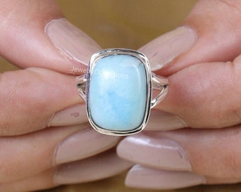 Natural Larimar Ring for Women, 925 Sterling Silver Ring for Her, Handmade Ring, Boho Band Ring, Gift For Her, Bridesmaid Women Jewelry