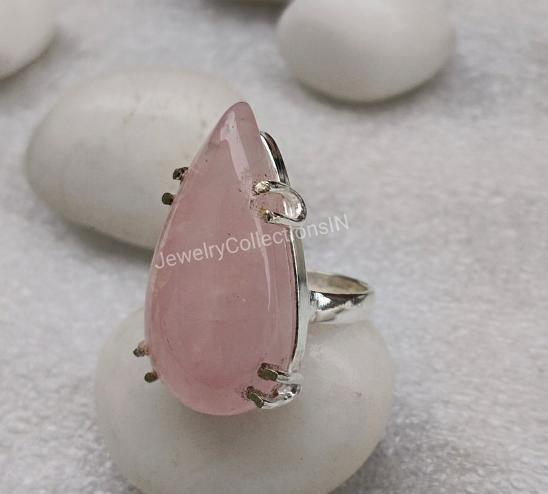 Natural Rose Quartz Ring, Handmade Jewelry For Women, 925 Sterling Silver Ring, Silver Boho Ring, Statement Rose Quartz Ring, Gift For Her image 3