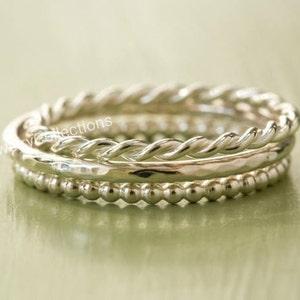 Sterling Silver Stacking Ring Set Set of 3 Stacking Rings Twist Ring Hammered Ring Beaded Ring Delicate Ring 925 Stacking Bands image 1