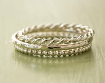 Sterling Silver Stacking Ring Set - Set of 3 Stacking Rings - Twist Ring - Hammered Ring - Beaded Ring - Delicate Ring - 925 Stacking Bands
