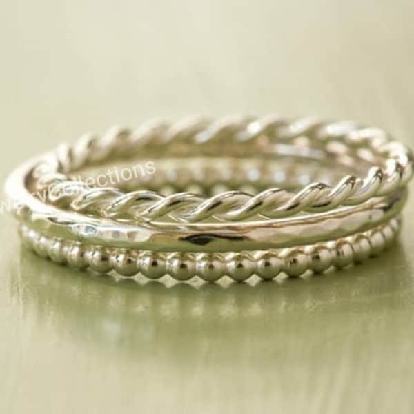 Sterling Silver Stacking Ring Set - Set of 3 Stacking Rings - Twist Ring - Hammered Ring - Beaded Ring - Delicate Ring - 925 Stacking Bands