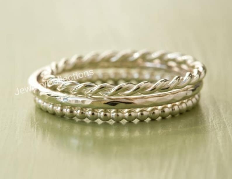 Sterling Silver Stacking Ring Set Set of 3 Stacking Rings Twist Ring Hammered Ring Beaded Ring Delicate Ring 925 Stacking Bands image 1