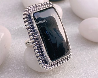 Black Onyx Hammered Ring, Rectangle Big Gemstone Ring. 925 Sterling Silver Ring, Engraved Ring, Gift Ring, Women Ring, Handmade Boho Jewelry