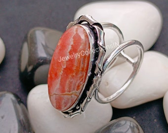 Natural Rhodochrosite Ring, Sterling silver statement ring, gift for her, Women Ring, Pink Rhodochrosite Gemstone Ring, Handmade Jewelry