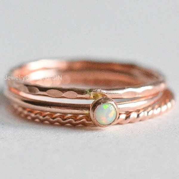 Natural Ethiopian Opal Ring, Pure Copper Stacking Ring, Set Of 3 Rings, Pure Copper, Copper Jewelry, Dainty Copper Ring, Copper boho Ring