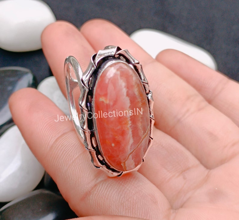 Anillo de rodocrosita natural, anillo de declaración de plata de ley, regalo para ella, anillo de mujer, anillo de piedra preciosa de rodocrosita rosa, joyería hecha a mano imagen 3