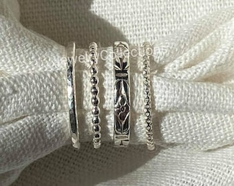 Conjunto de 4 anillos apilables de plata de ley, anillos finos y gruesos, anillos de patrón variado, anillos retorcidos con cuentas delicadas, anillo punteado, anillos para el pulgar