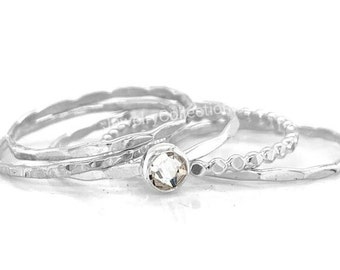 Natural Crystal Quartz Ring, Silver Stacking Set Of 5 Rings, Textured Ring ,Boho Ring Set, Stacking Ring, Boho, Beaded Ring, Women Ring