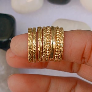 Gold Filled Stacking Ring Set of 8: Handmade Flower, Plain Bands For Women Jewelry