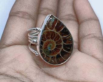 Handmade Pear Ammonite Fossil Ring: 925 Sterling Silver Gemstone