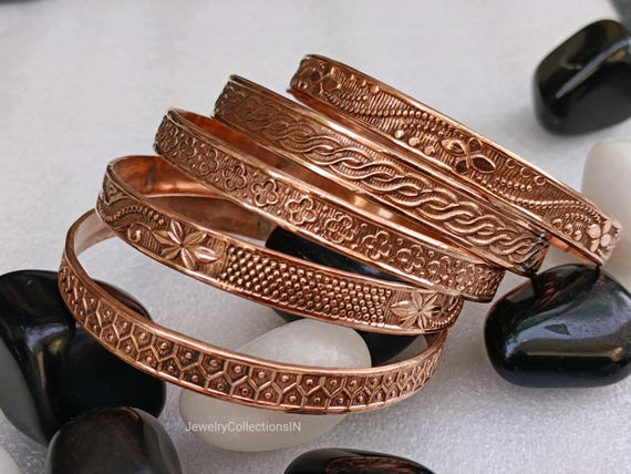 Handmade Pure Copper Bangle Set: Thick wide Bangles, Design Jewelry, Set of 5