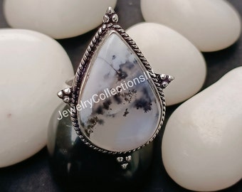 Natürlicher Dendrit-Opal Oval Edelstein Massiv 925 Sterling Silber Ring für Frauen, handgemachte Oval Dendrit Ring für Hochzeitstag Geschenkidee