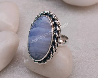Natural Blue Lace Ring, Sterling Silver Ring, Handmade Ring, Agate Designer Ring, Oval Gemstone Ring, Anniversary Ring, Wedding Gift Ring