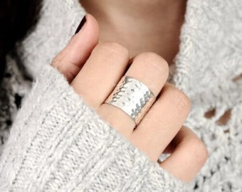 Long Large Hammered Wide Band New 925 Silver Tube Ring Cuff Ring Wide Band Boho Ring Chunky Ring Gift For Woman Statement Handmade Jewelry