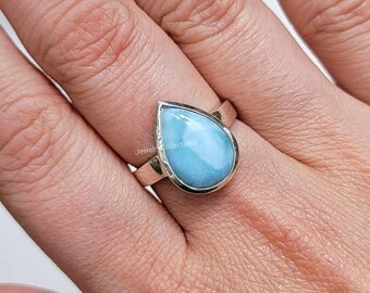 Bague en larimar naturel, bague en argent sterling, bague en pierre précieuse bleue, bague en argent pour femme, bague simple en pierre précieuse, bague en larimar océan, cadeaux de Noël