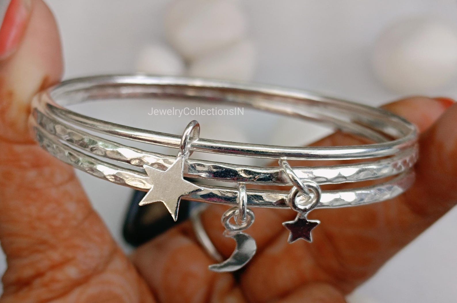 Sterling Silver Moon & Star Bangle Set of 3 Bangles: Celestial Handmade ...