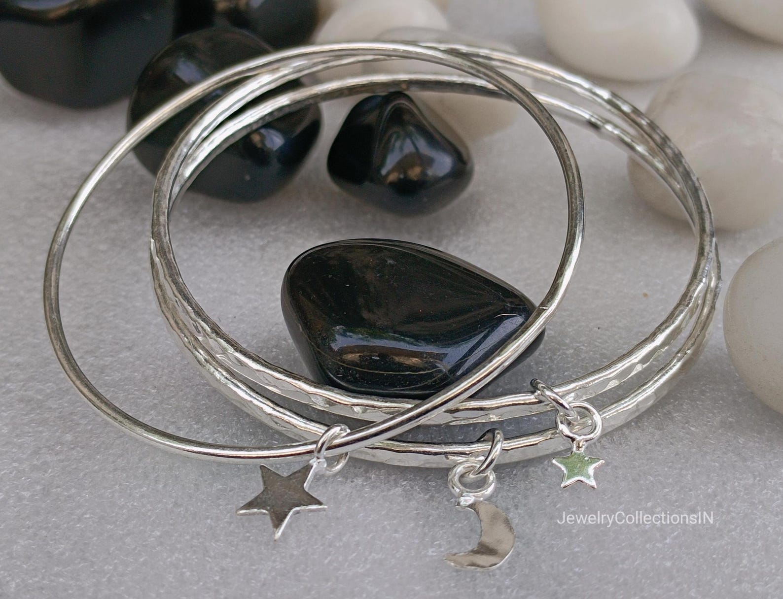 Sterling Silver Moon & Star Bangle Set of 3 Bangles: Celestial Handmade ...