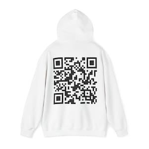 May include: White hooded sweatshirt with a black and white QR code printed on the back.