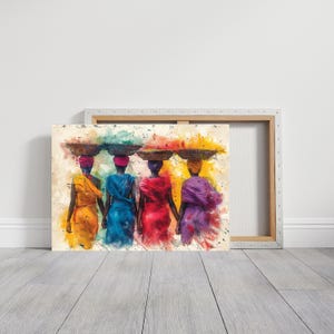 African Women Canvas Print - Vertical Minimalist Sketch with Vibrant Baskets and Tribal Fabrics