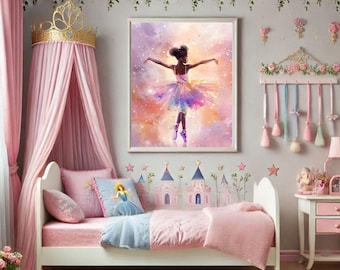 Colorful Black Ballerina Wall Art -Afro Girl Dance Print, Whimsical Nursery Decor, Modern Kids Room Artt